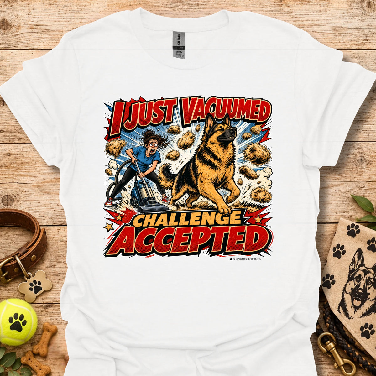 White vacuum-themed graphic t-shirt with “I just vacuumed challenge accepted” print