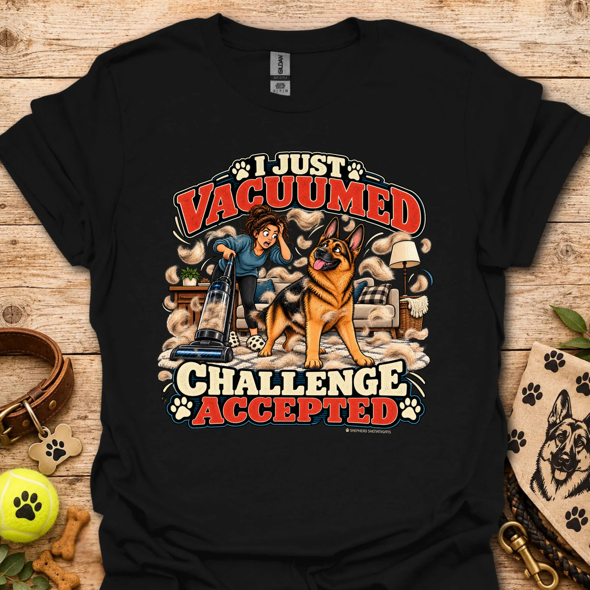 Black crew-neck T-shirt with front graphic: “I Just Vacuumed Challenge Accepted”.