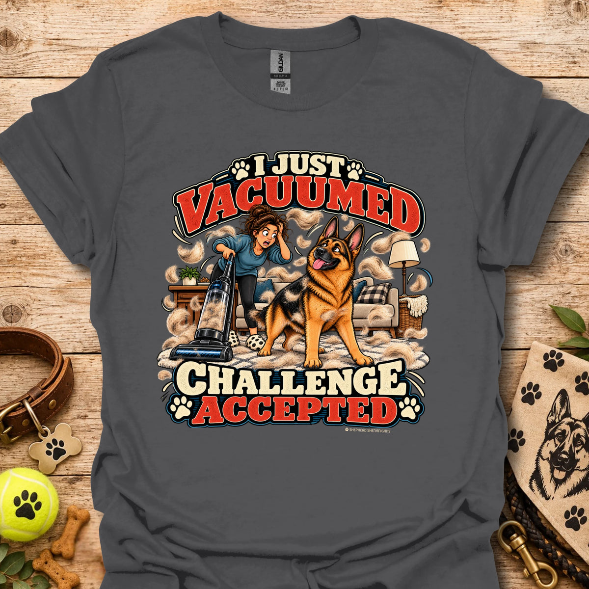 Charcoal crew-neck T-shirt with front graphic: “I Just Vacuumed Challenge Accepted”.