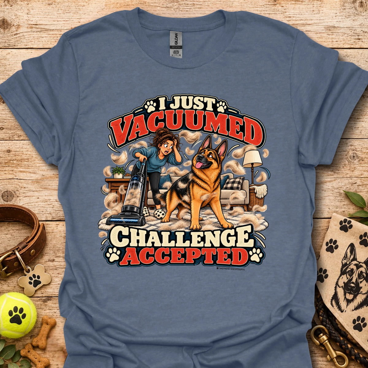 Slate blue crew-neck T-shirt with front graphic: “I Just Vacuumed Challenge Accepted”.