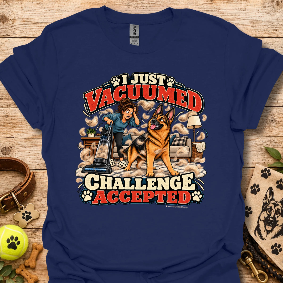 Navy crew-neck T-shirt with front graphic: “I Just Vacuumed Challenge Accepted”.