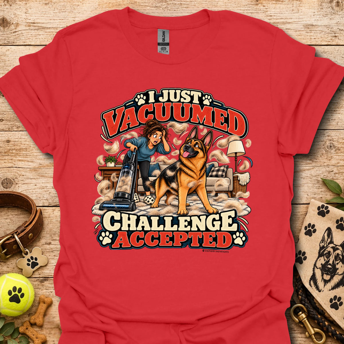 Red crew-neck T-shirt with front graphic: “I Just Vacuumed Challenge Accepted”.