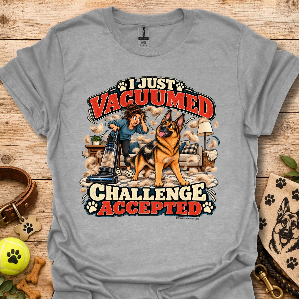 Heather gray crew-neck T-shirt with front graphic: “I Just Vacuumed Challenge Accepted”.