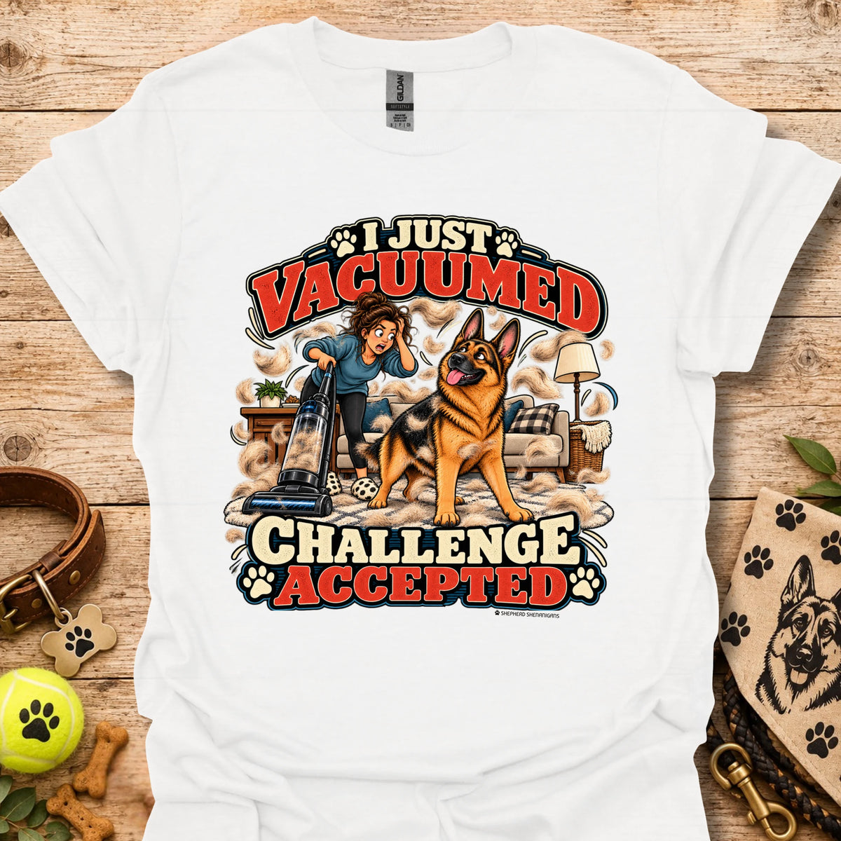 White crew-neck T-shirt with front graphic: “I Just Vacuumed Challenge Accepted”.