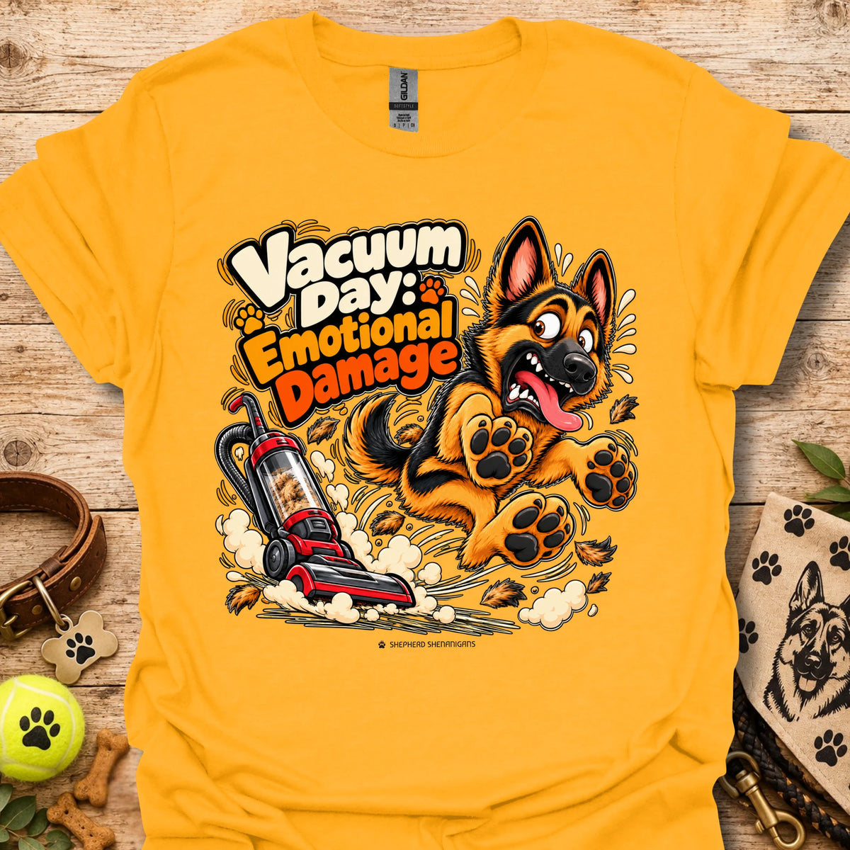 Gold T-shirt with cartoon vacuum and German Shepherd graphic, “Vacuum Day Emotional Damage” text