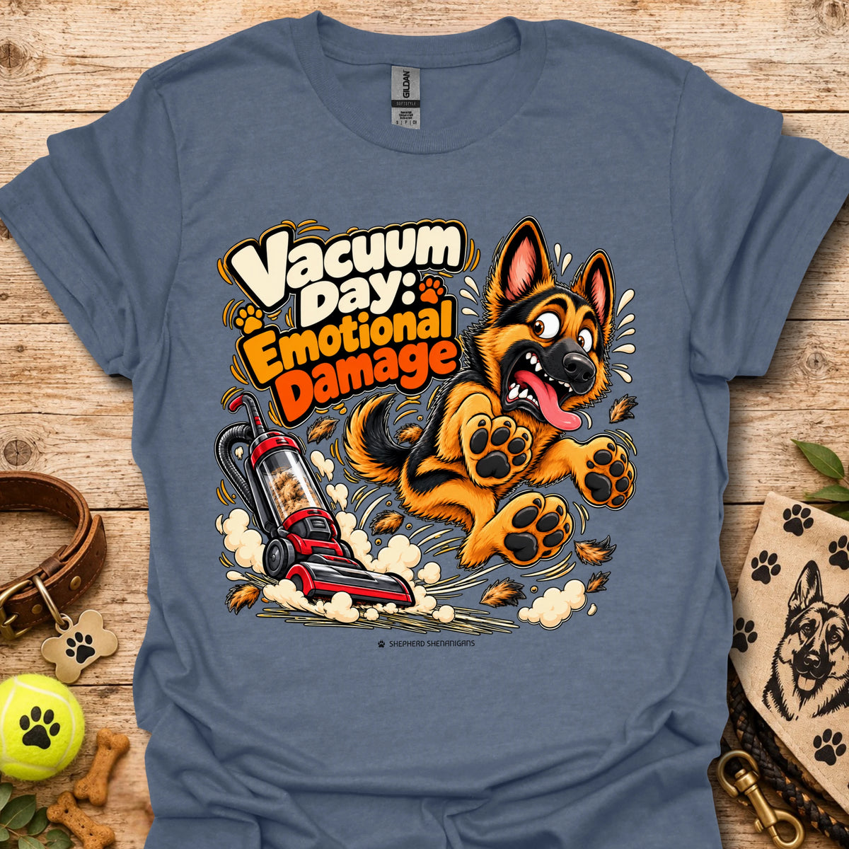Blue T-shirt with cartoon vacuum and German Shepherd graphic, “Vacuum Day Emotional Damage” text