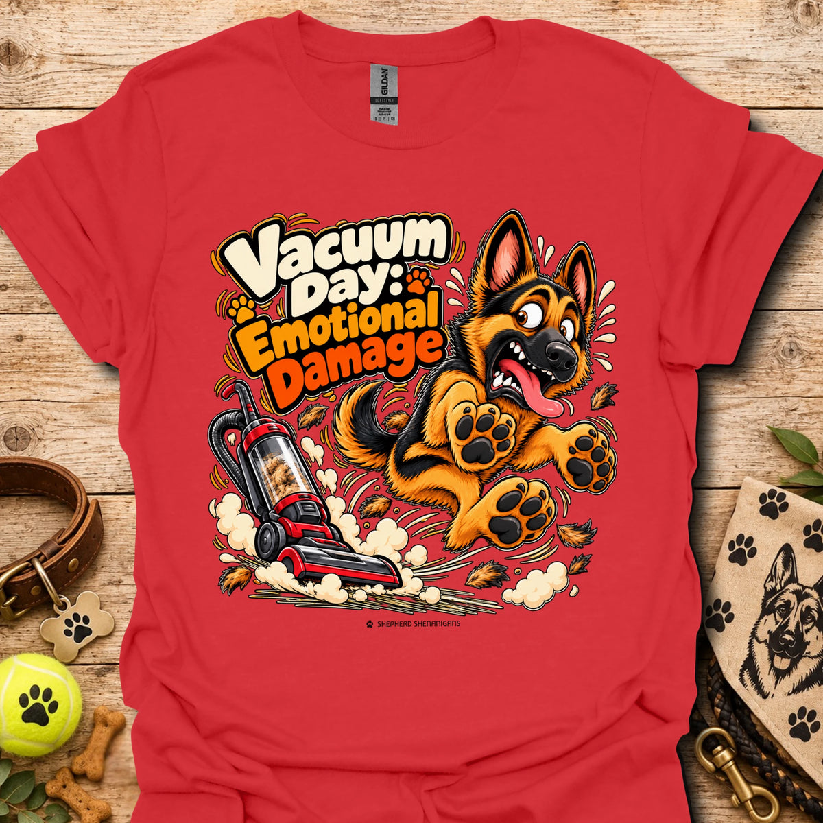 Red T-shirt with cartoon vacuum and German Shepherd graphic, “Vacuum Day Emotional Damage” text