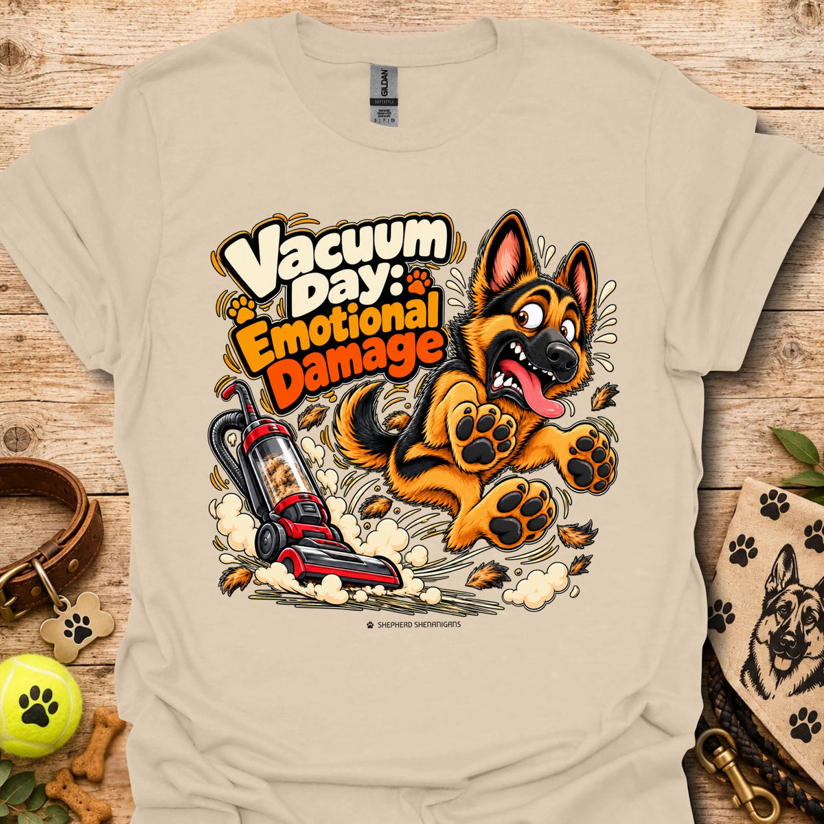Light beige T-shirt with cartoon vacuum and German Shepherd graphic, “Vacuum Day Emotional Damage” text