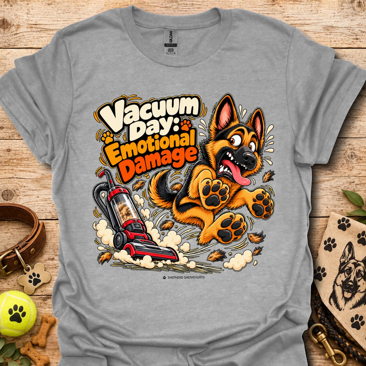 Heather grey T-shirt with cartoon vacuum and German Shepherd graphic, “Vacuum Day Emotional Damage” text