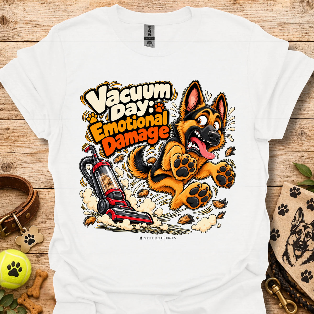 White T-shirt with cartoon vacuum and German Shepherd graphic, “Vacuum Day Emotional Damage” text