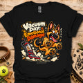 Black T-shirt with cartoon vacuum and German Shepherd graphic, “Vacuum Day Emotional Damage” text