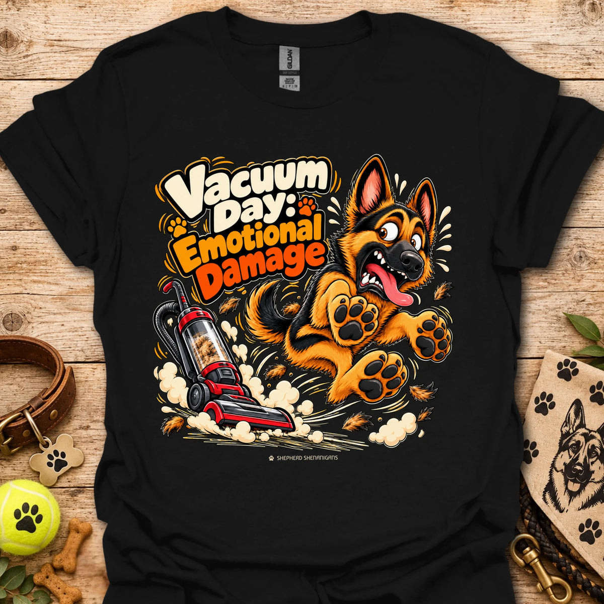 Black T-shirt with cartoon vacuum and German Shepherd graphic, “Vacuum Day Emotional Damage” text