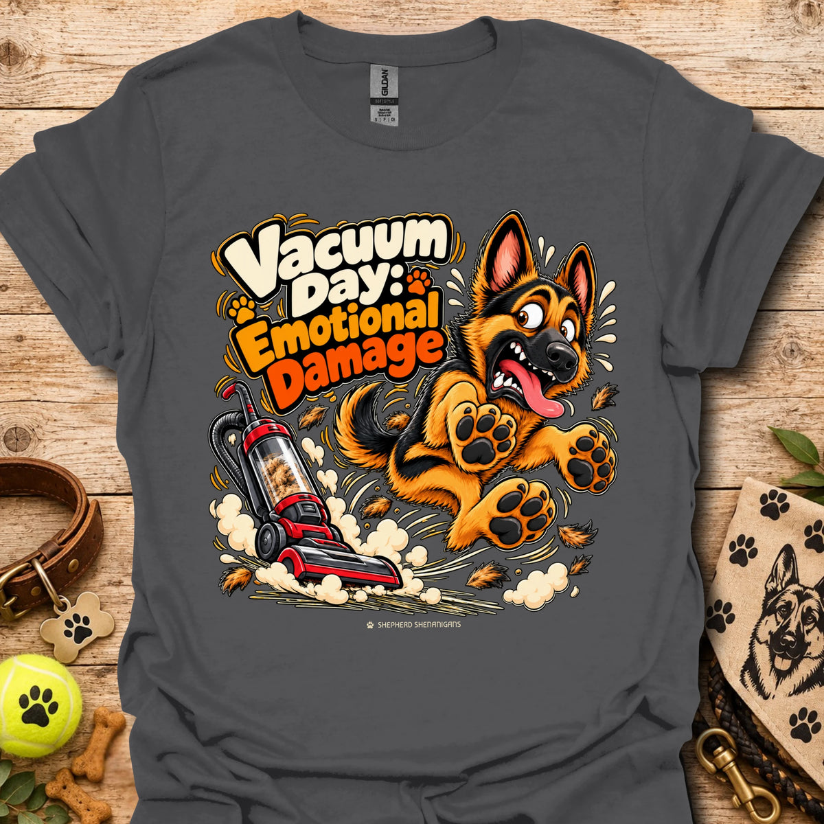 Black T-shirt with cartoon vacuum and German Shepherd graphic, “Vacuum Day Emotional Damage” text