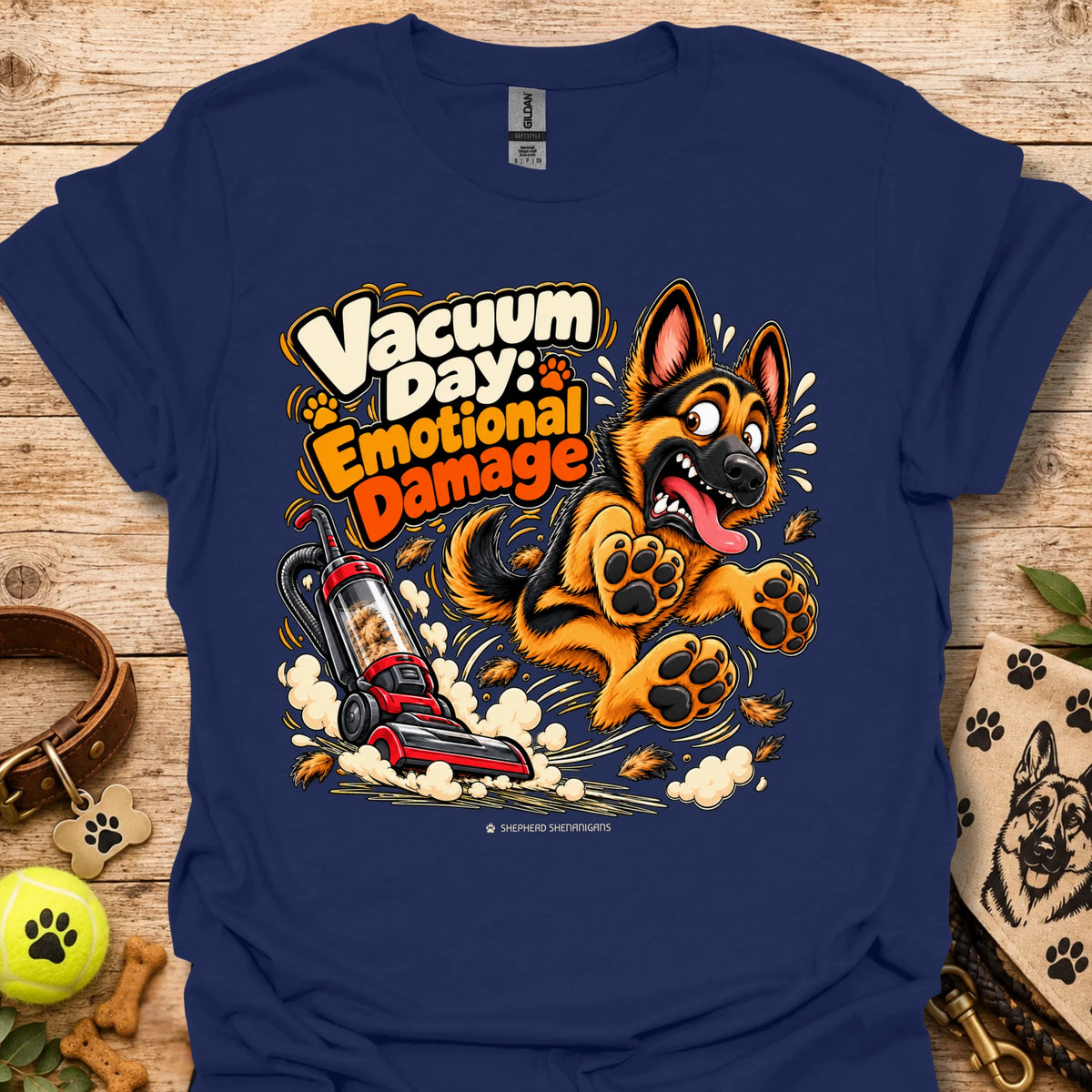 Navy T-shirt with cartoon vacuum and German Shepherd graphic, “Vacuum Day Emotional Damage” text