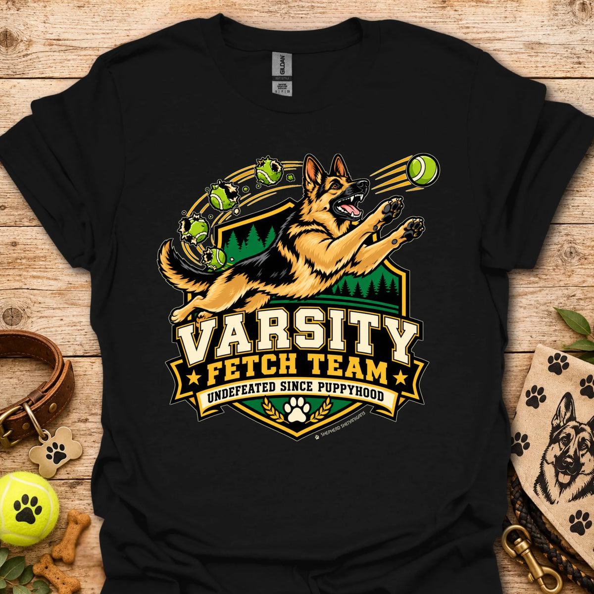 Black varsity-style team t-shirt with dog mascot and Varsity Fetch Team crest