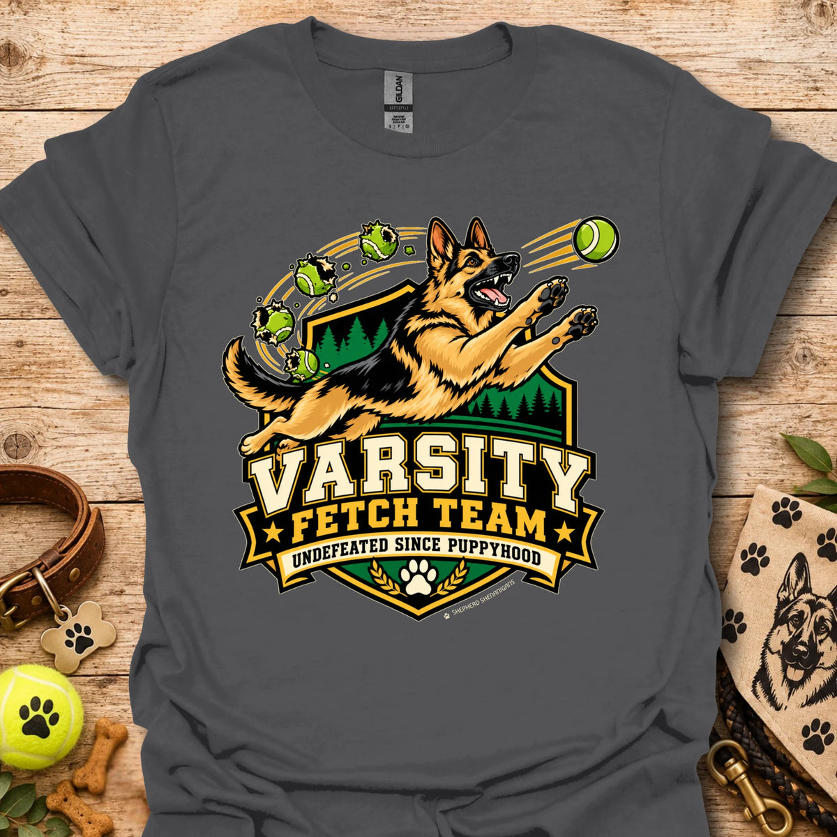 Navy varsity-style team t-shirt with dog mascot and Varsity Fetch Team crest
