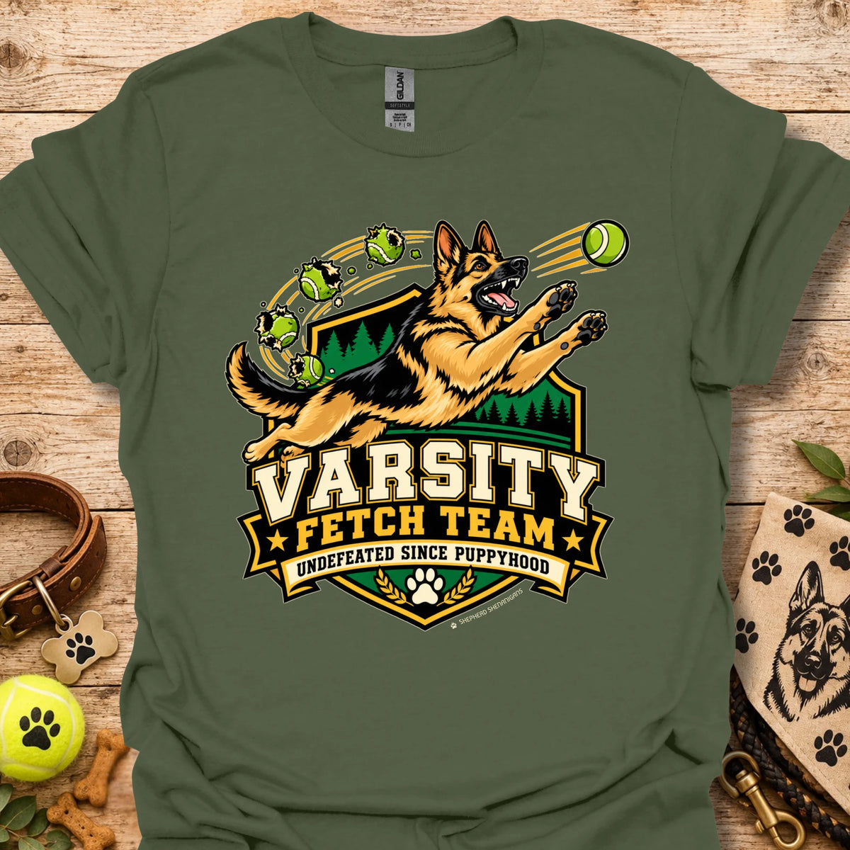 Military green varsity-style team t-shirt with dog mascot and Varsity Fetch Team crest