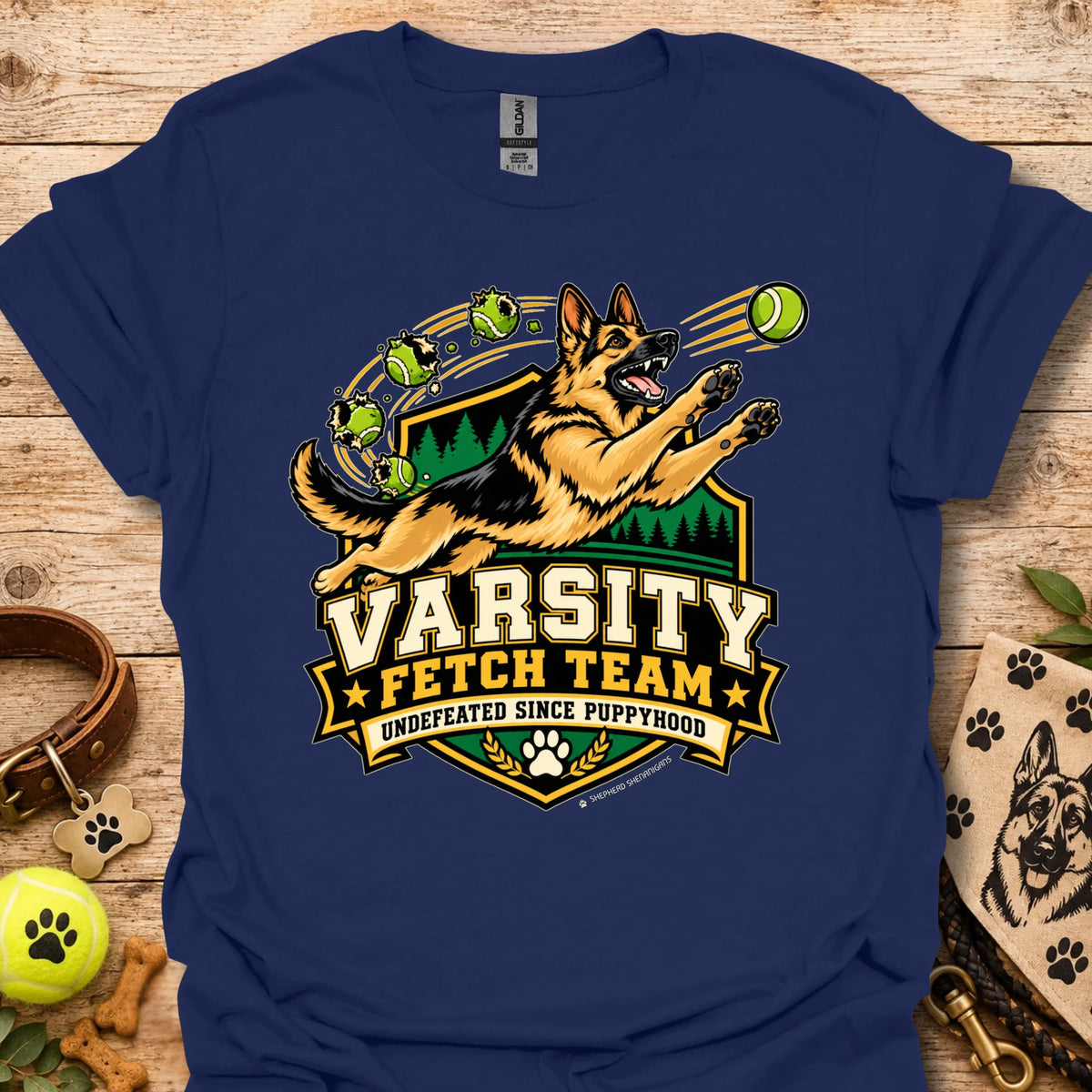 Heather indigo varsity-style team t-shirt with dog mascot and Varsity Fetch Team crest