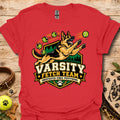 Red varsity-style team t-shirt with dog mascot and Varsity Fetch Team crest