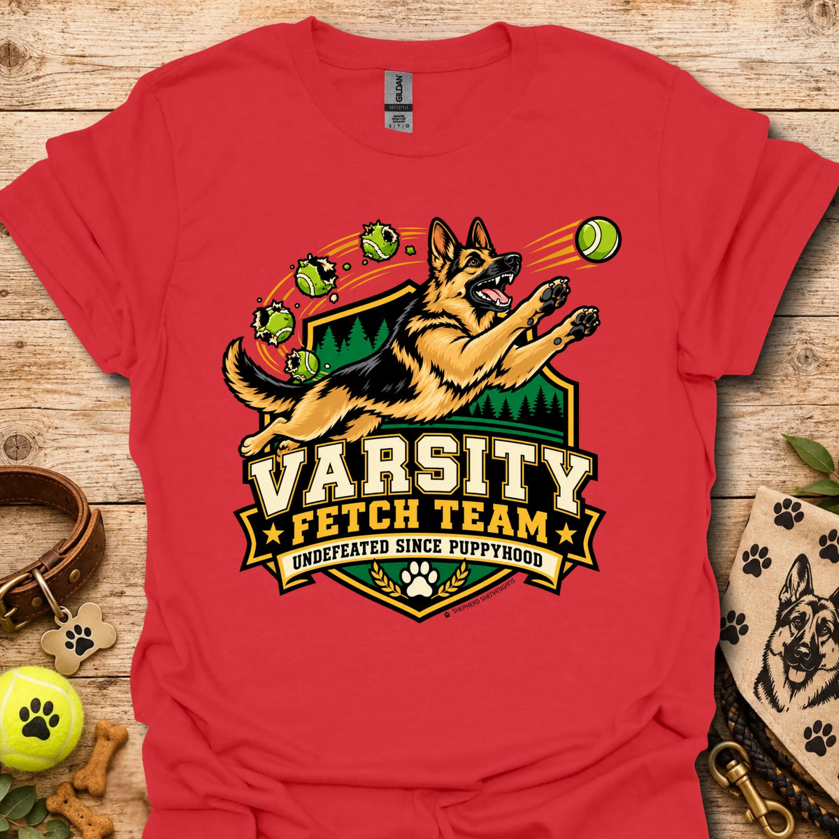 Red varsity-style team t-shirt with dog mascot and Varsity Fetch Team crest