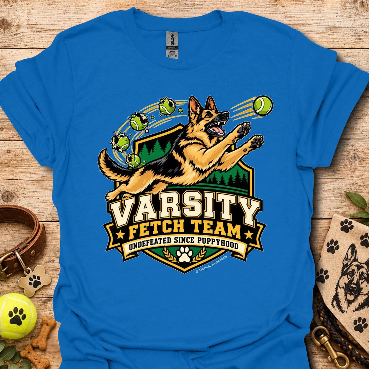 Royal blue varsity-style team t-shirt with dog mascot and Varsity Fetch Team crest