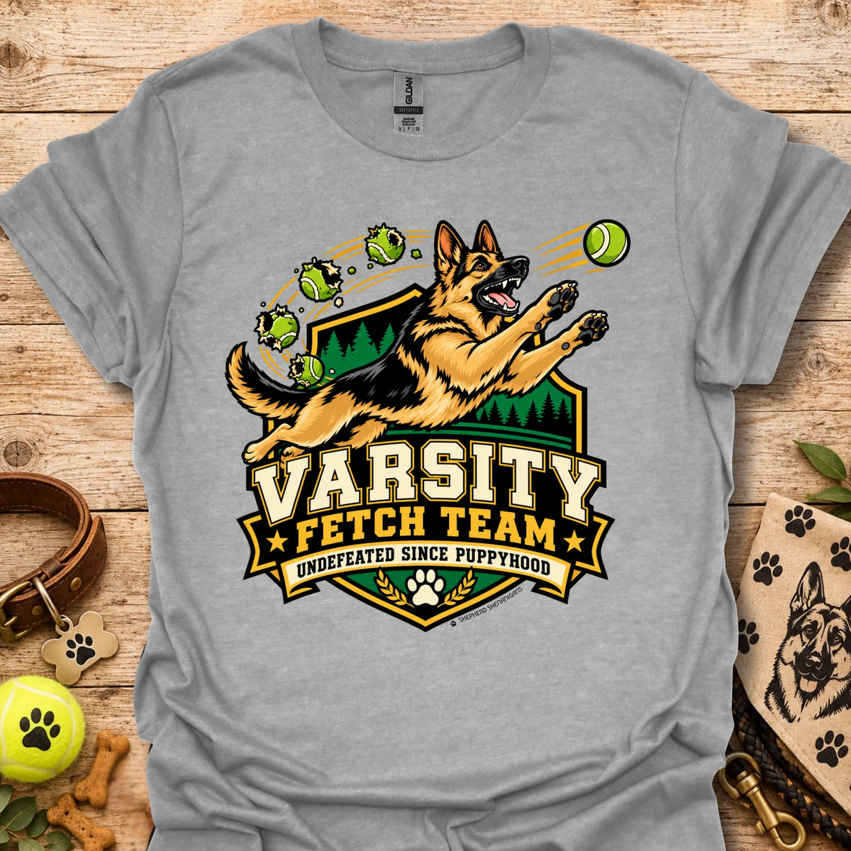 Sport grey varsity-style team t-shirt with dog mascot and Varsity Fetch Team crest
