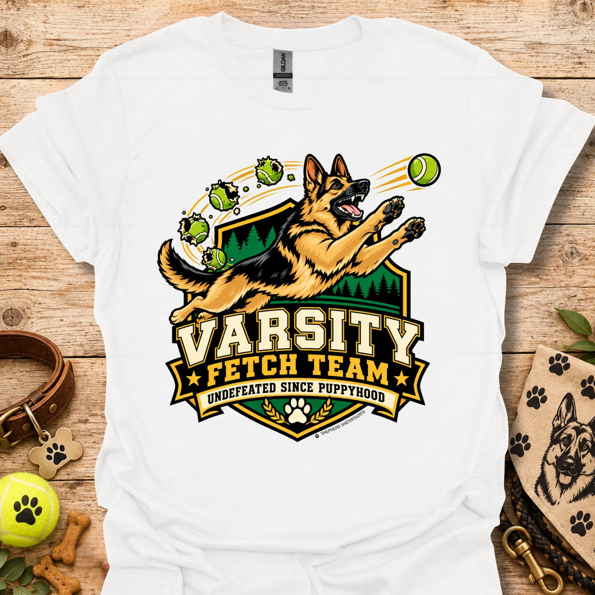 White varsity-style team t-shirt with dog mascot and Varsity Fetch Team crest