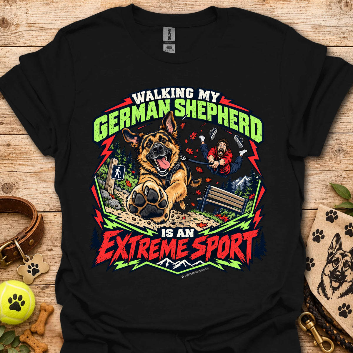 Black graphic t-shirt with German shepherd and outdoor sports text