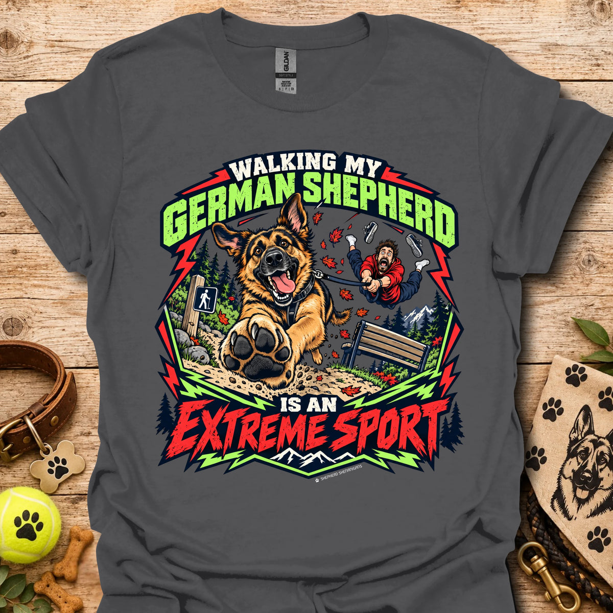 Charcoal graphic t-shirt with German shepherd and outdoor sports text