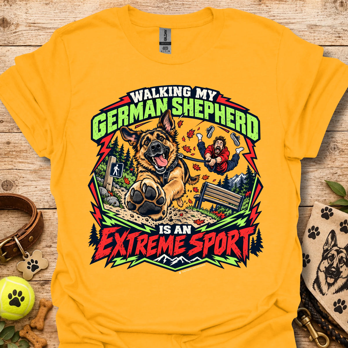 Gold graphic t-shirt with German shepherd and outdoor sports text