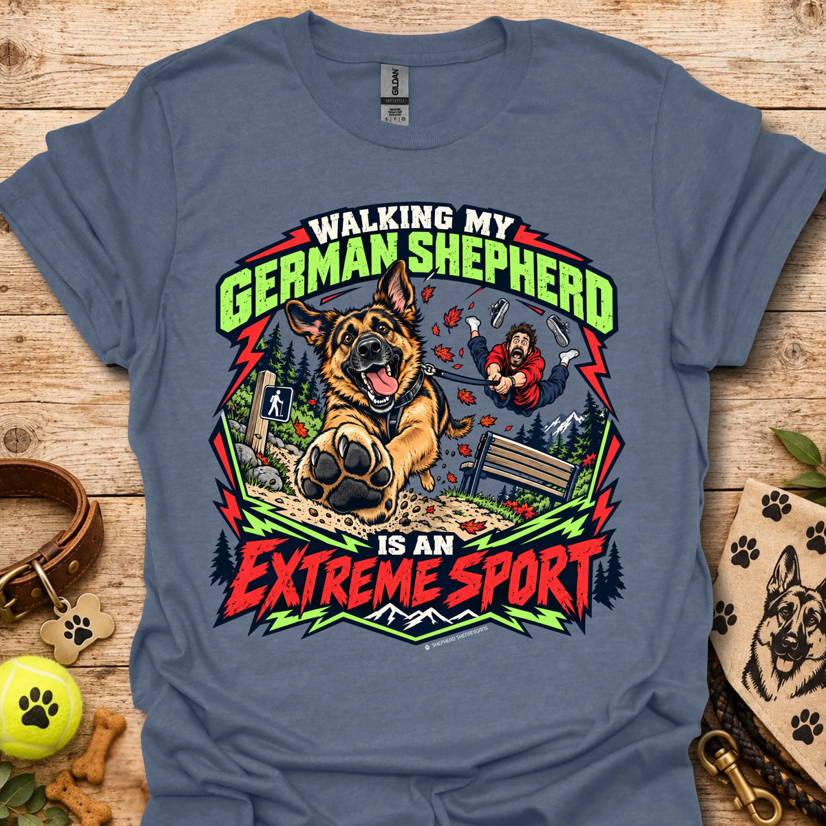 Dusty blue graphic t-shirt with German shepherd and outdoor sports text