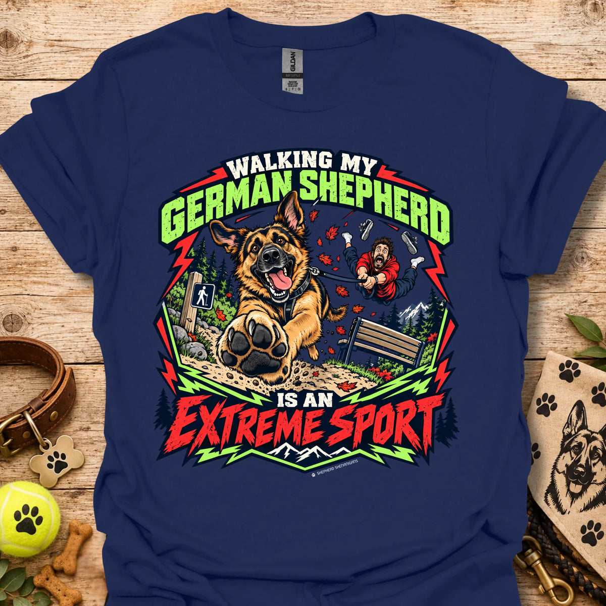 Navy graphic t-shirt with German shepherd and outdoor sports text