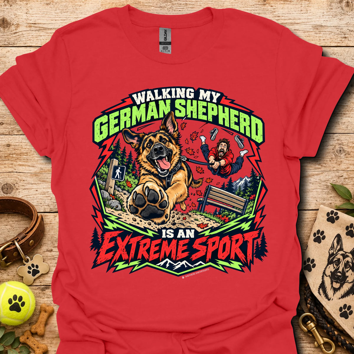 Red graphic t-shirt with German shepherd and outdoor sports text