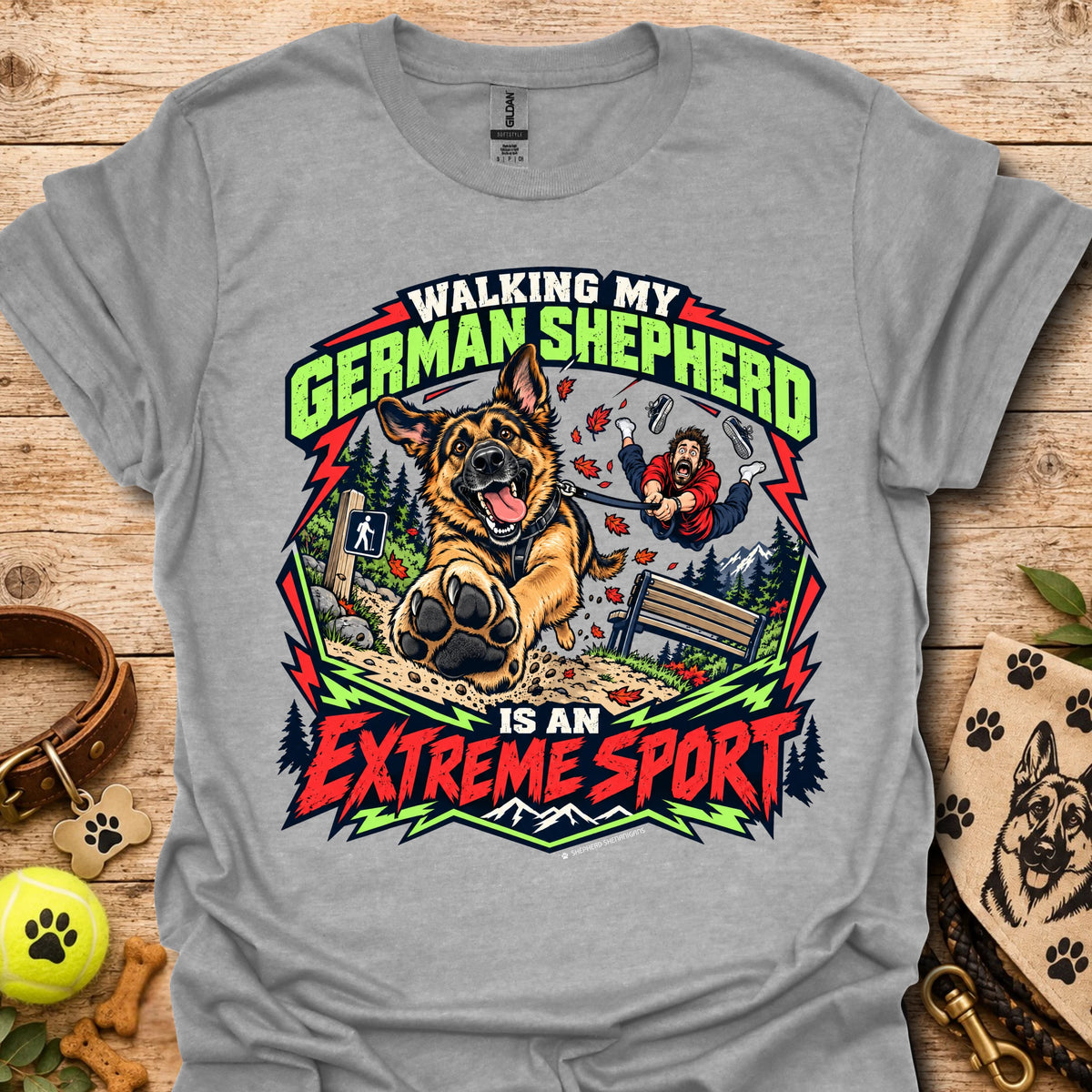 Heather gray graphic t-shirt with German shepherd and outdoor sports text