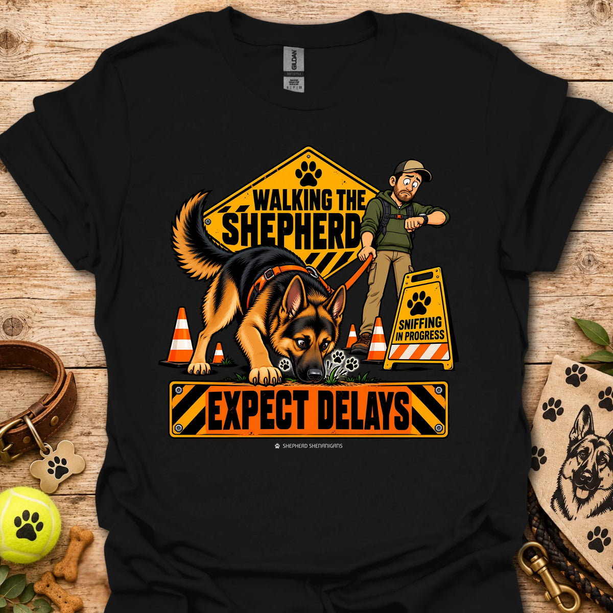 Black crewneck T-shirt with cartoon German shepherd rescue graphic