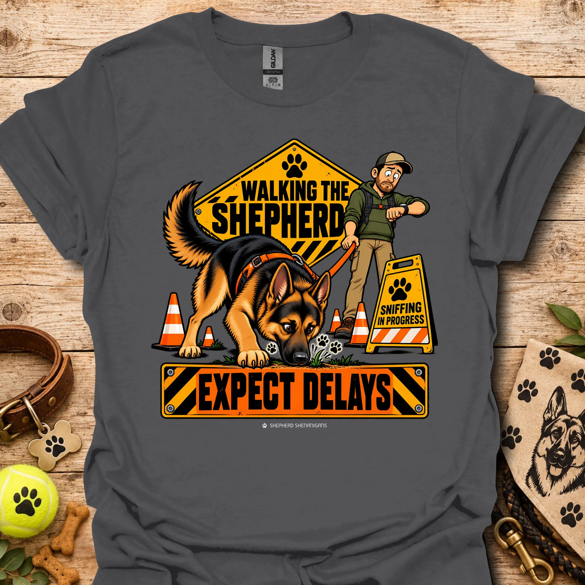 Charcoal crewneck T-shirt with cartoon German shepherd rescue graphic