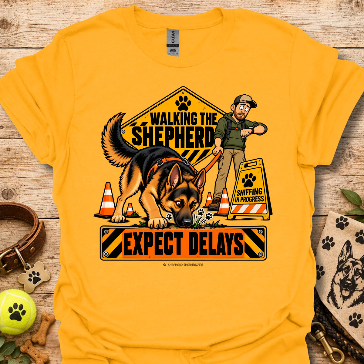 Gold crewneck T-shirt with cartoon German shepherd rescue graphic