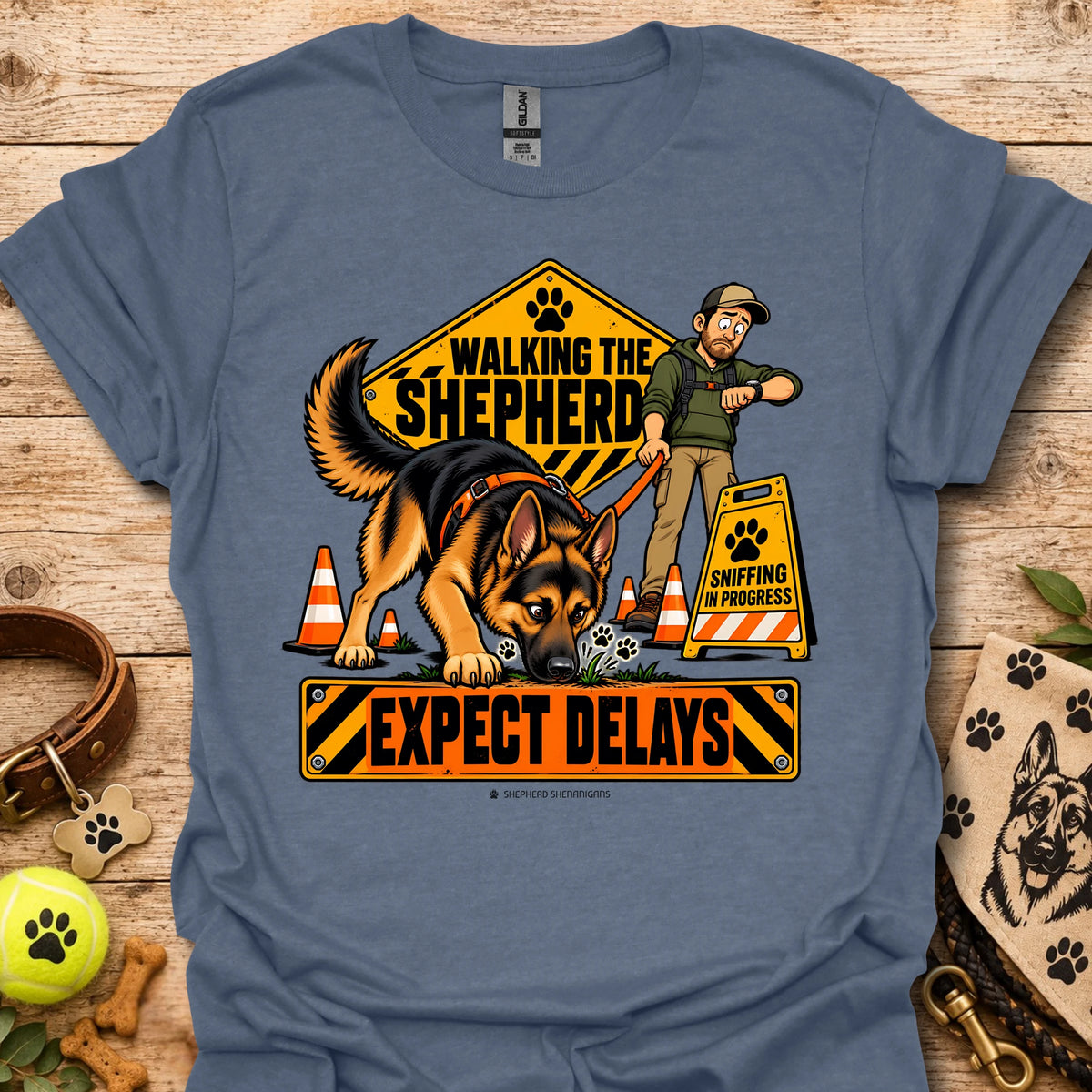 Heather indigo crewneck T-shirt with cartoon German shepherd rescue graphic