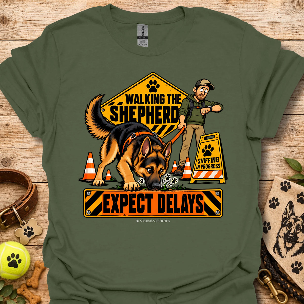Military green crewneck T-shirt with cartoon German shepherd rescue graphic