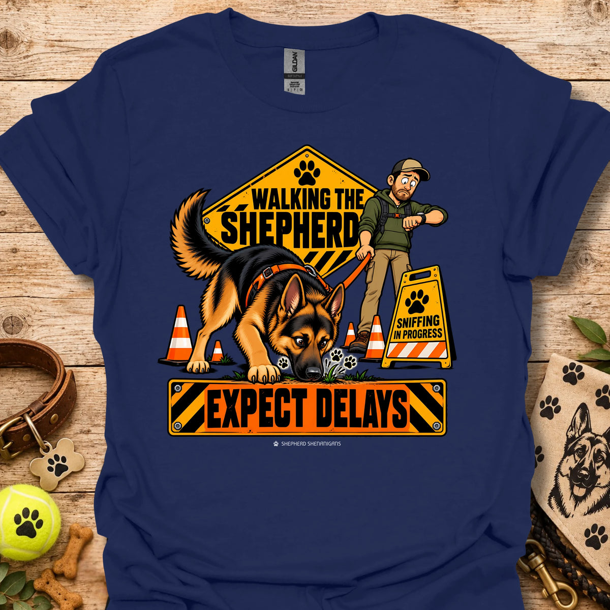 Navy crewneck T-shirt with cartoon German shepherd rescue graphic