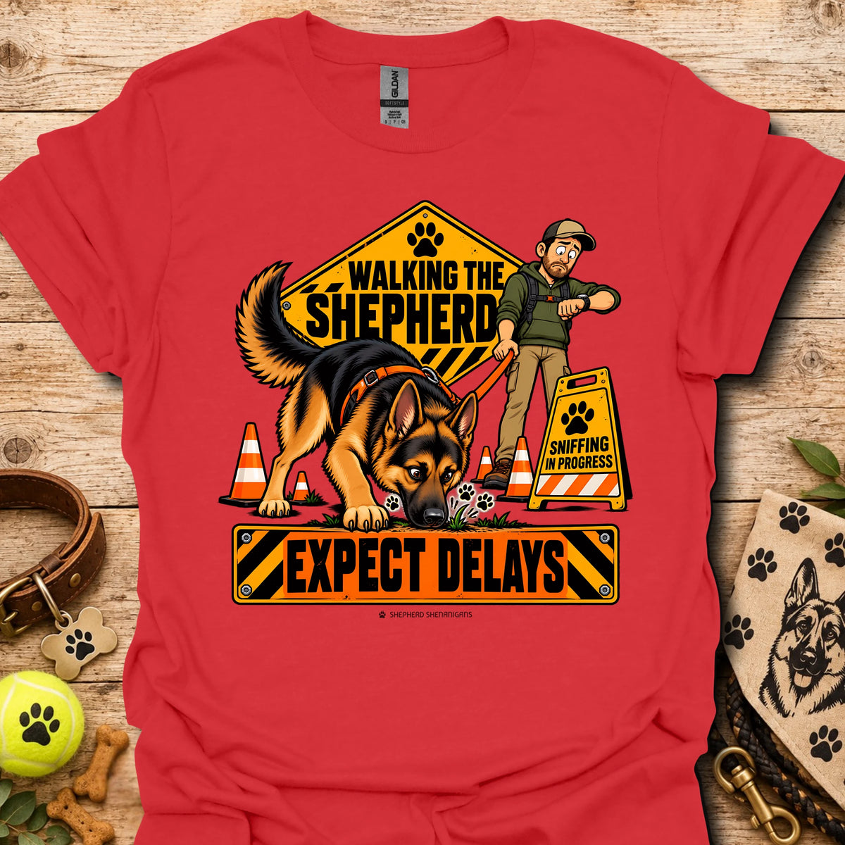 Red crewneck T-shirt with cartoon German shepherd rescue graphic