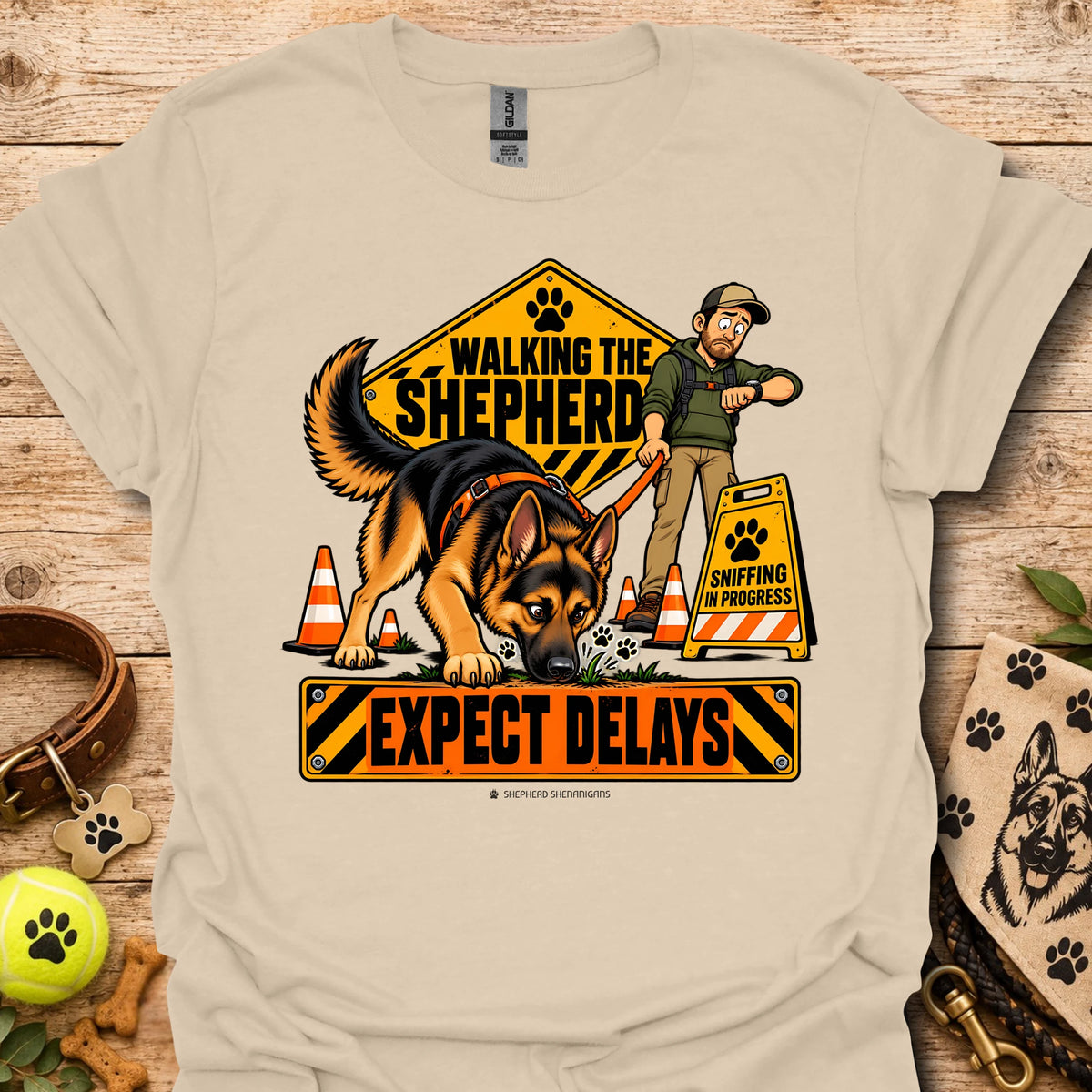 Sand crewneck T-shirt with cartoon German shepherd rescue graphic