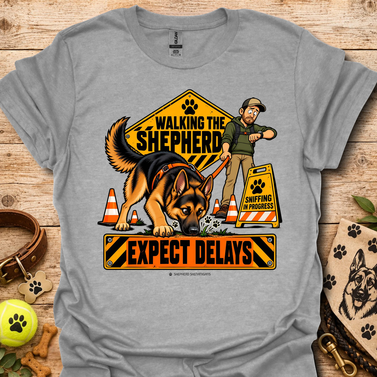 Sport grey crewneck T-shirt with cartoon German shepherd rescue graphic