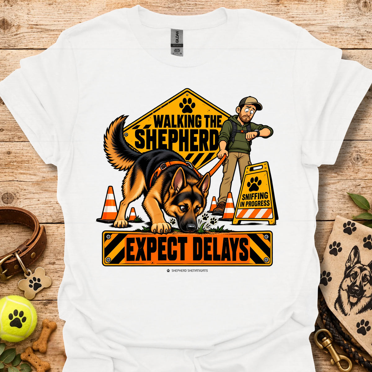 White crewneck T-shirt with cartoon German shepherd rescue graphic