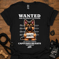 Graphic dog t-shirt in black with crew neck and front 'Wanted' print