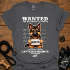 Graphic dog t-shirt in charcoal gray with crew neck and front 'Wanted' print