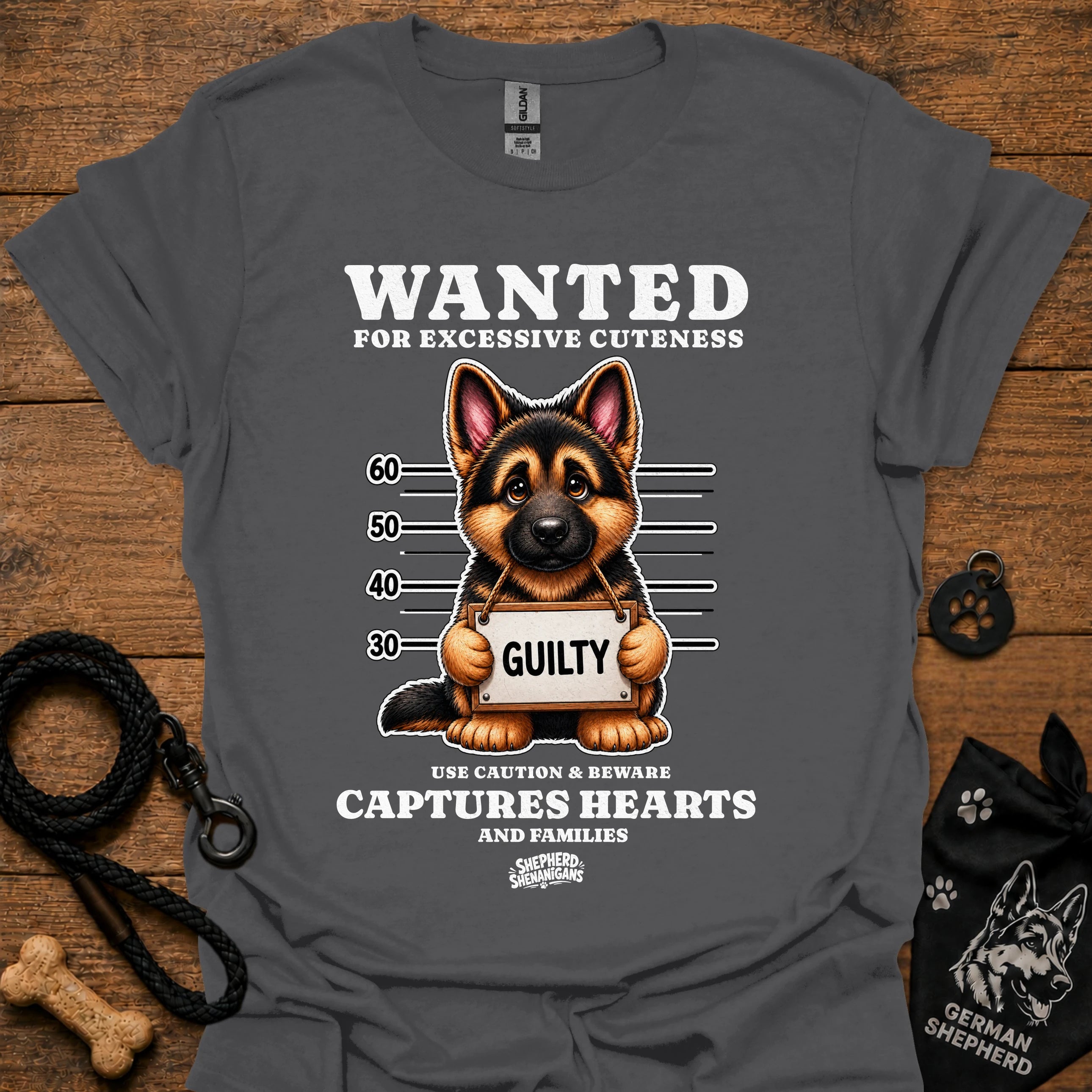 Graphic dog t-shirt in charcoal gray with crew neck and front 'Wanted' print