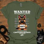 Graphic dog t-shirt in military green with crew neck and front 'Wanted' print