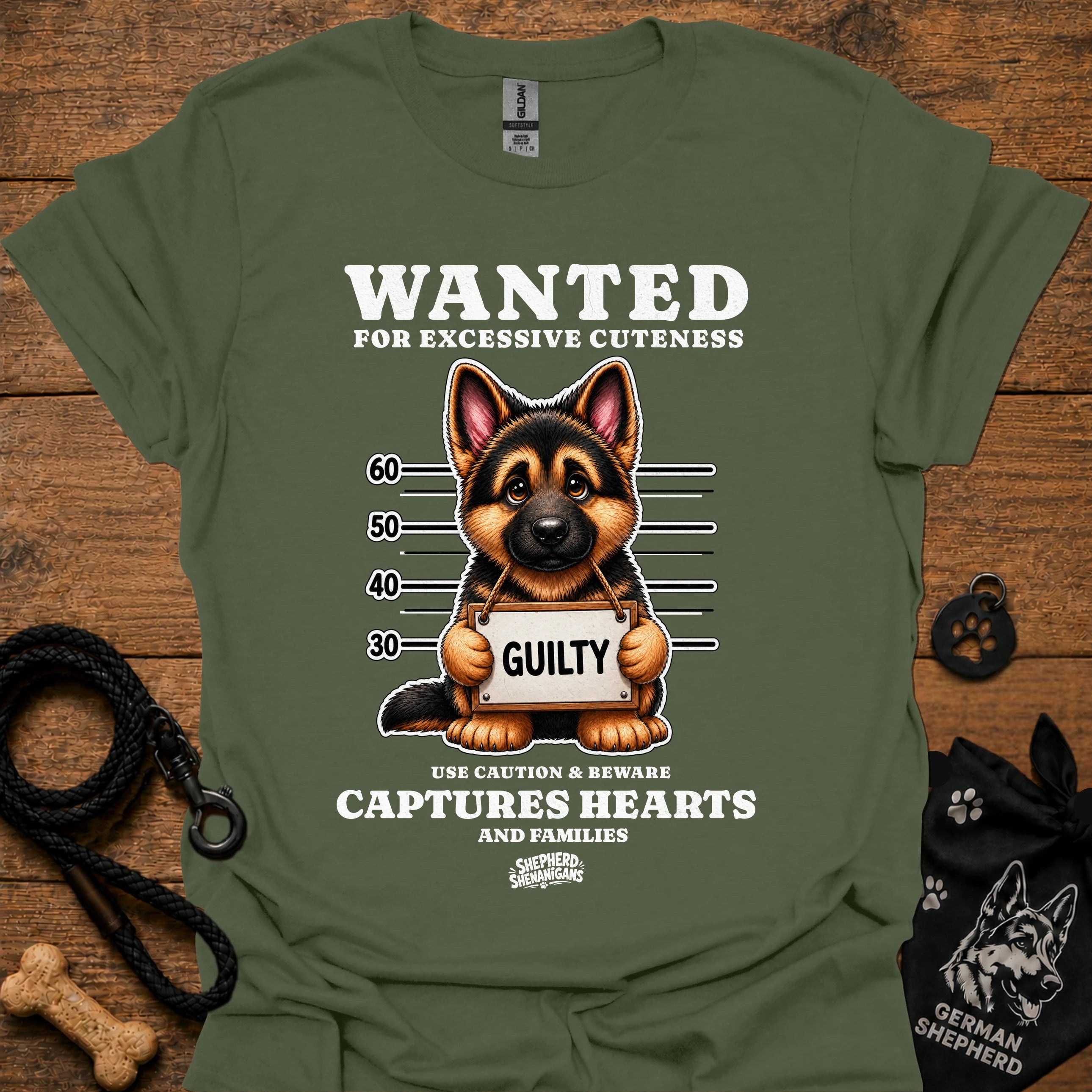 Graphic dog t-shirt in military green with crew neck and front 'Wanted' print