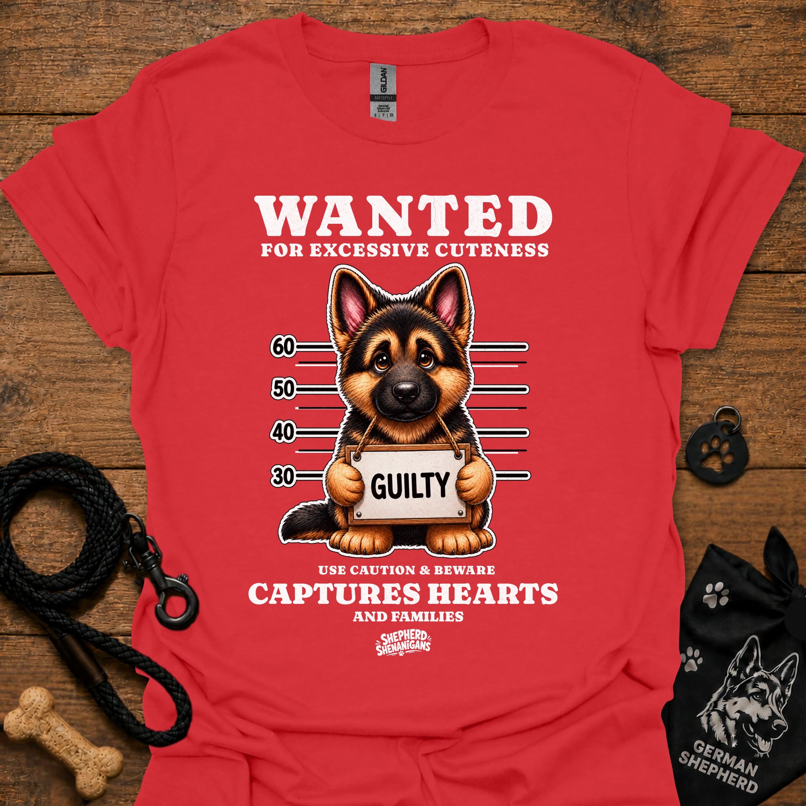 Graphic dog t-shirt in red with crew neck and front 'Wanted' print